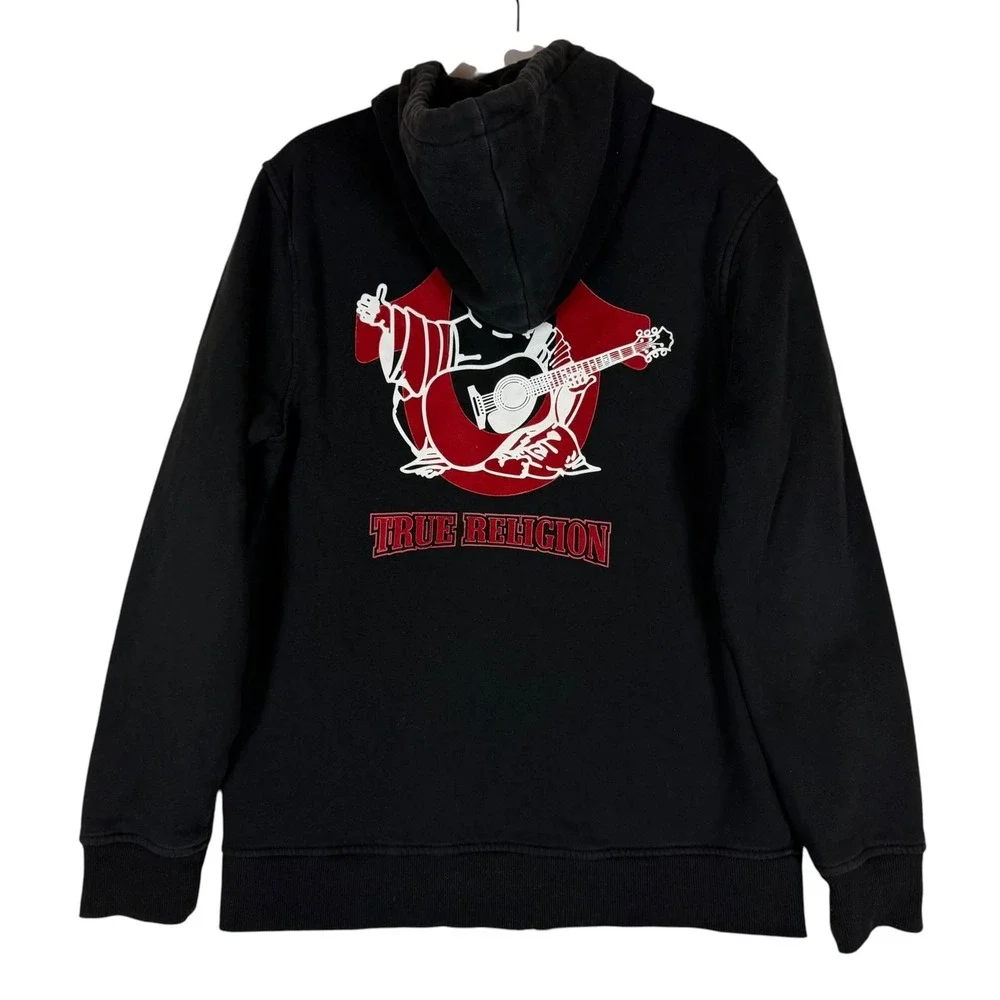 True Religion Hoodie Mens Medium Black Full Zip Fleece Buddha Guitar Graphic